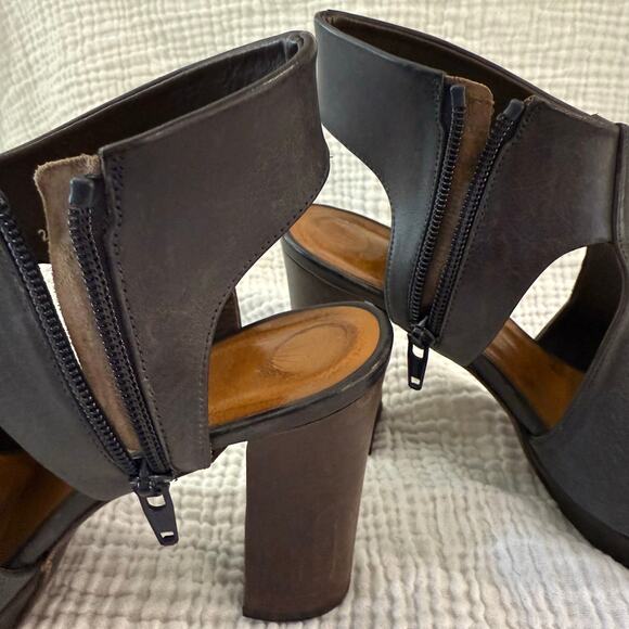Coclico Platform Wood Heels Size 36.5 Dark Gray Blue Leather Cut Out Open Toe - Picture 10 of 15